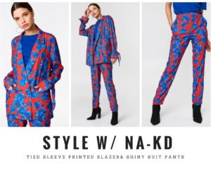Tied Sleeve Printed Blazer, Shiny Suit Pants, NAKD